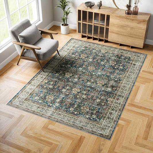 Dripex Vintage Washable Area Rug - 3x5 Entryway Rug for Indoor Door Mat Low-Pile Non-Slip Bedside Rug Bedroom Oriental Medallion Floral Print Carpet Soft Accent Rug Farmhouse Office Home Decor