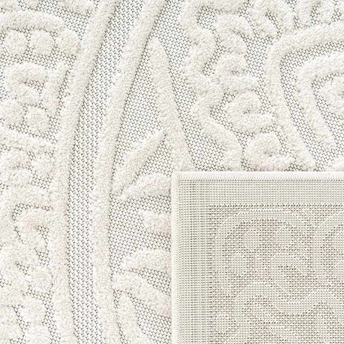 Paco Home Modern in- and Outdoor Rug with Carved Oriental Mandala Pattern in Cream, Size: 6'7" x 9'6"