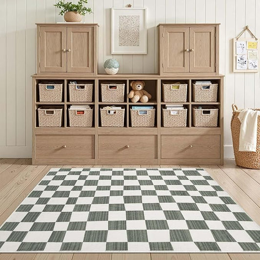 jinchan 3x5 Checkered Area Rugs for Kids Room - Machine Washable Soft Rug Modern Geometric Lattice Non-Slip Carpet for Nursery Playroom Bedroom Entryway Living Room Dining Room Home Office Grey