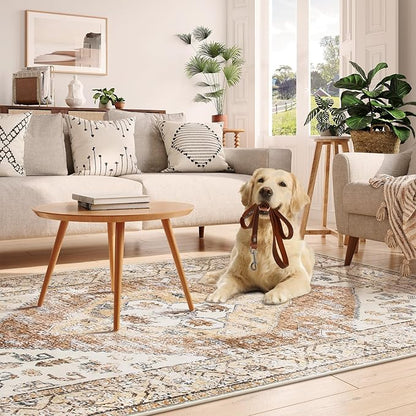 Lahome Rug for Living Room Machine Washable Area Rug 6x9 Boho Non Slip Bedroom Carpet Throw Ultra Thin Carpet for Dining Room, Farmhouse Neutral Print Soft Indoor Mat for Office Home (Taupe, 6'x9')