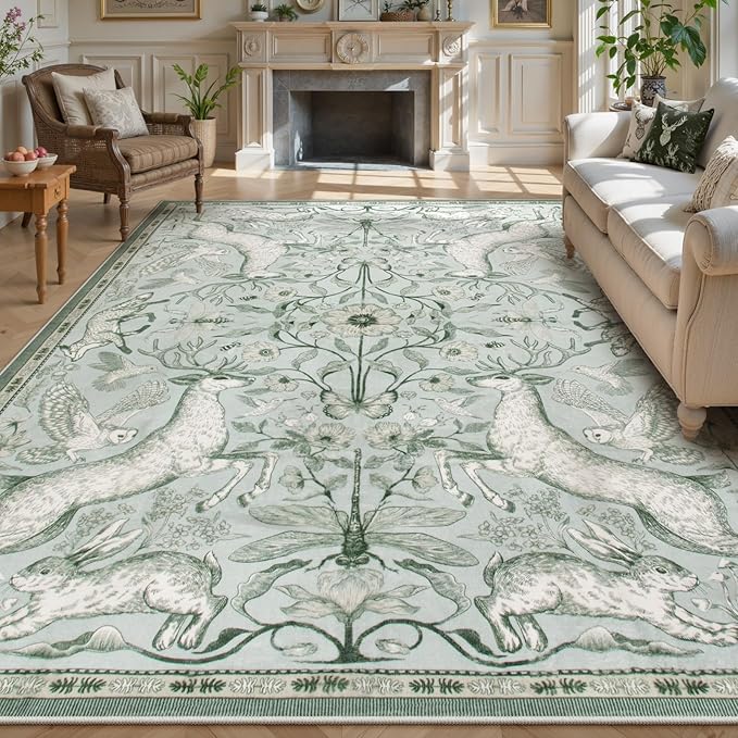 Lahome Boho Animal Washable Rugs for Living Room 8x10, Green Soft Rugs for Bedroom, Botanical Large Boho Non Slip Dining Room Carpet for Under Table Office Kids Playroom (8x10ft,Light Green)