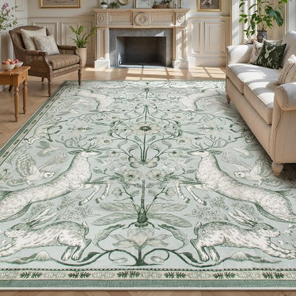 Lahome Boho Animal Washable Rugs for Living Room 8x10, Green Soft Rugs for Bedroom, Botanical Large Boho Non Slip Dining Room Carpet for Under Table Office Kids Playroom (8x10ft,Light Green)