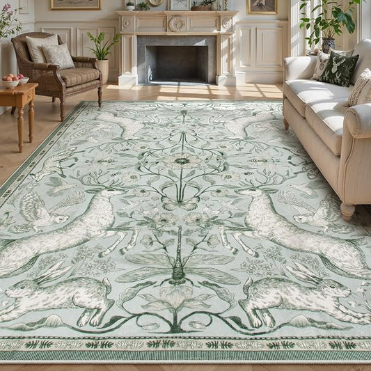 Lahome Boho Animal Washable Rugs for Living Room 8x10, Green Soft Rugs for Bedroom, Botanical Large Boho Non Slip Dining Room Carpet for Under Table Office Kids Playroom (8x10ft,Light Green)