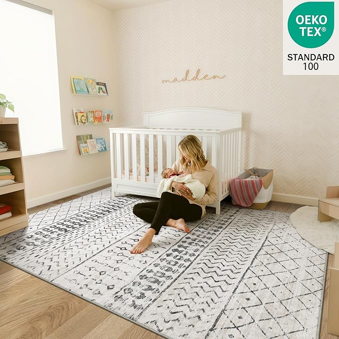 5x7 Machine Washable Area Rug for Living Room, Grey White Vintage Moroccan Rug Large Non-Slip Low Pile Soft Faux Wool Carpet, Kids and Pets Friendly for Bedroom Dining Room Farmhouse Home Decor Rug