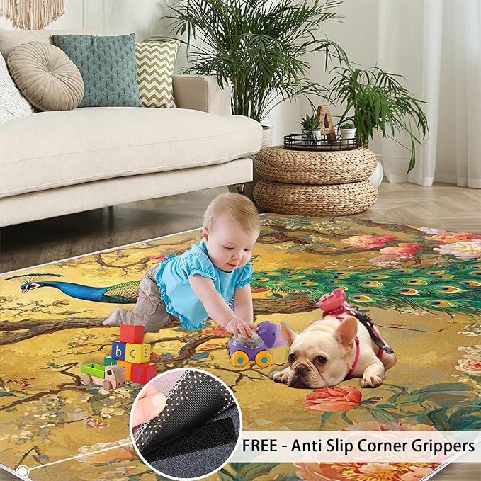 Peacock Peony Rugs for Bedroom - 5x8 Rug, Classic Peacock Peony Area Rugs for Living Room, Oriental Carpet, Floral Plant Washable Area Mat, Aesthetics Carpet - Peafowl Home Decor & Gifts