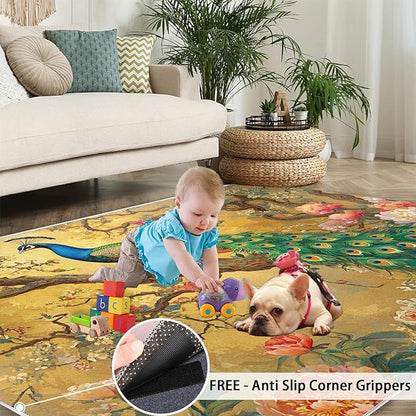 Peacock Peony Rugs for Bedroom - 8x10 Rug, Classic Peacock Peony Area Rugs for Living Room, Oriental Carpet, Floral Plant Washable Area Mat, Aesthetics Carpet - Peafowl Home Decor & Gifts