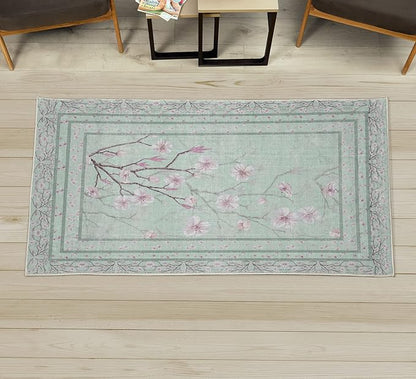 Ambesonne Apple Blossom Decorative Rug, Flowers and Blooming Spring Season Branches Nature Garden Romance, Quality Carpet for Bedroom Dorm and Living Room, 2' 2" x 3' 7", Mint Green and Pink