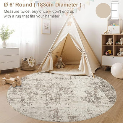6ft Round Area Rug Living Room Rugs - 6x6 Washable Neutral Modern Abstract Soft Thin Rug Indoor Floor No Slip Rug Carpet for Bedroom Under Dining Table Home Office Decor - Dark Brown