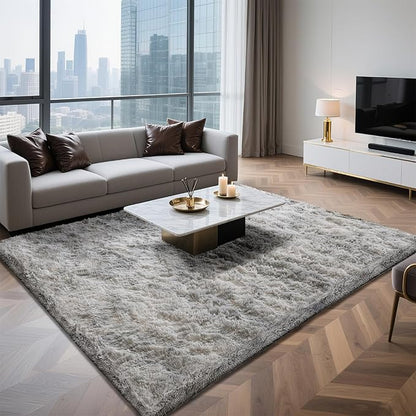 6x9 Area Rugs for Living Room Bedroom, Soft Fluffy Shaggy Bedside Rug, Indoor Floor Carpet for Kids Playroom, Dorms, Nursery Rooms, Home Decor (Tie-Dyed Light Grey 6'x9')