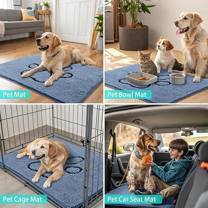Smiry Dog Door Mat for Muddy Paws, Absorbent Dirt Trapper Non Slip Quick Dry Washable Chenille Mat for Mud Dogs, Entry Rug for Indoor and Outdoor (30x20 Inches, Airy Blue and Black)