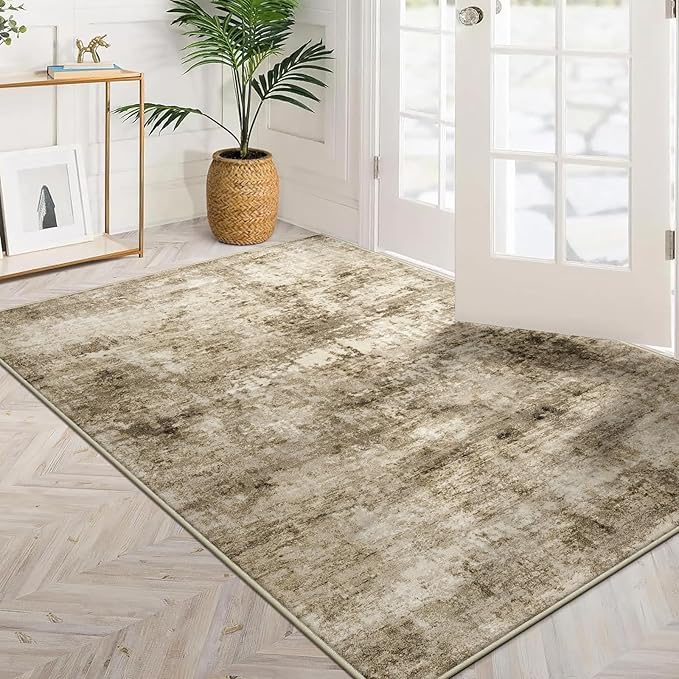 3x5 Machine Washable Area Rug for Entryway, Brown Modern Vintage Abstract Rug Non-Slip Low Pile Soft Faux Wool Small Carpet, Kids and Pets Friendly for Bedroom Kitchen Hallway Home Decor Rug