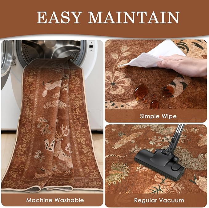 Moynesa Orange 8x10 Living Room Rugs, Vintage Peacock Floral Washable Area Rugs for Bedroom Dining Room Office Study, Low Pile Soft Non-Slip Easy Care Carpets for Fall Winter Home Decor