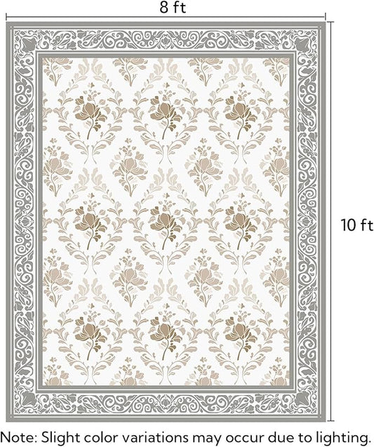 SOULFUL Medium Pile 8x10 Rugs for Living Room - Soft Underfoot Large Area Rug - Light Taupe Boho Floral - Washable Non-Slip - Perfect for Bedroom Kids Room Under Dining Table Office