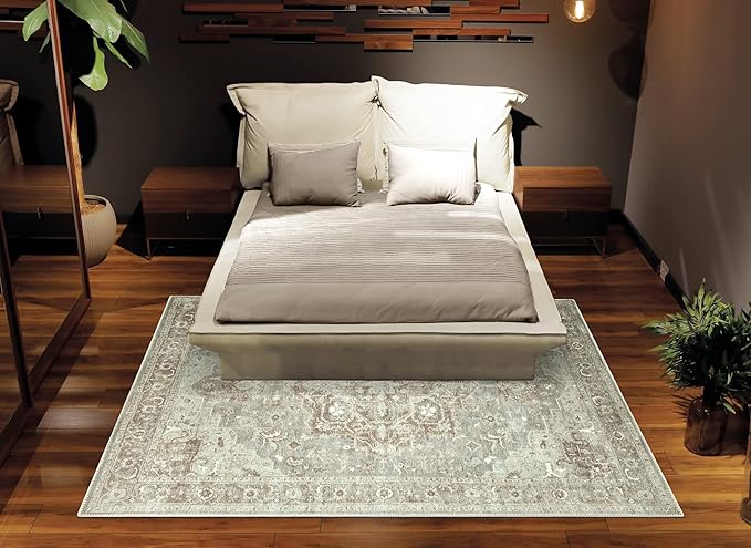 Bloom Rugs Washable Non-Slip 6' x 9' Rug - Beige/Gray Traditional Area Rug for Living Room, Bedroom, Dining Room, and Kitchen - Exact Size: 6' x 9'