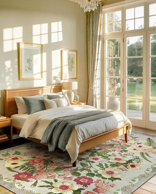 Floral Rugs for Living Room - 9x12 Soft Washable Area Rug Stain Resistant Ultra-Thin Non-Slip Low Pile Farmhouse Vintage Large Carpet for Bedroom Dining Room Nursery Home Office Decor, Grey