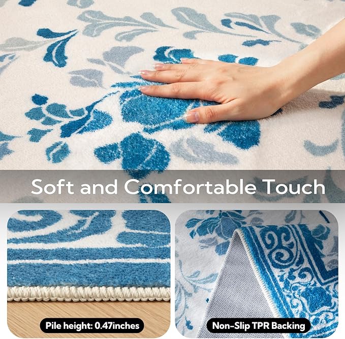 SOULFUL Medium Pile 2x3 Entryway Rug - Soft Underfoot Small Area Rug - Blue Boho Floral - Washable Non-Slip - Perfect for Hallway Kitchen Bedroom Bathroom Indoor Entrance