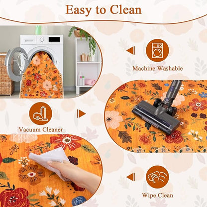 U'Artlines 2'6" x 8' Fall Boho Runner Rug for Hallways Kitchen Colorful Floral Soft Non Slip Washable Floor Carpet Runners for Entryway Laundry Room Bathroom Orange