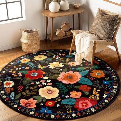 Floral 4ft Area Rug Machine Washable Soft Print Boho Carpet Non Slip Doormat Low Pile Flower Area Rugs for Living Room Bedroom Nursery Kitchen Dining Room Indoor-Black