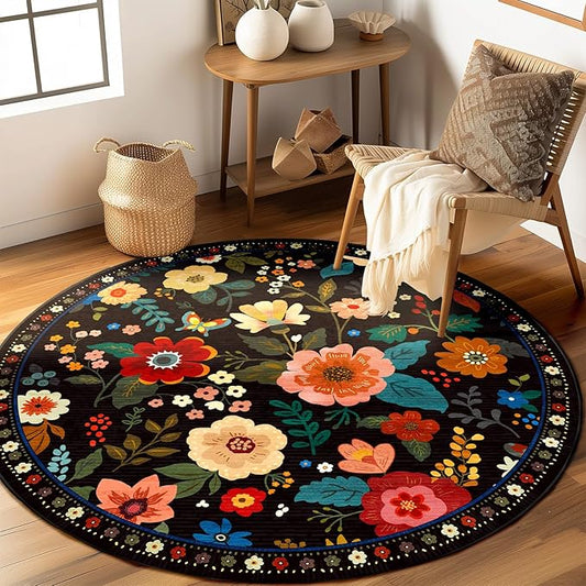 Floral 4ft Area Rug Machine Washable Soft Print Boho Carpet Non Slip Doormat Low Pile Flower Area Rugs for Living Room Bedroom Nursery Kitchen Dining Room Indoor-Black