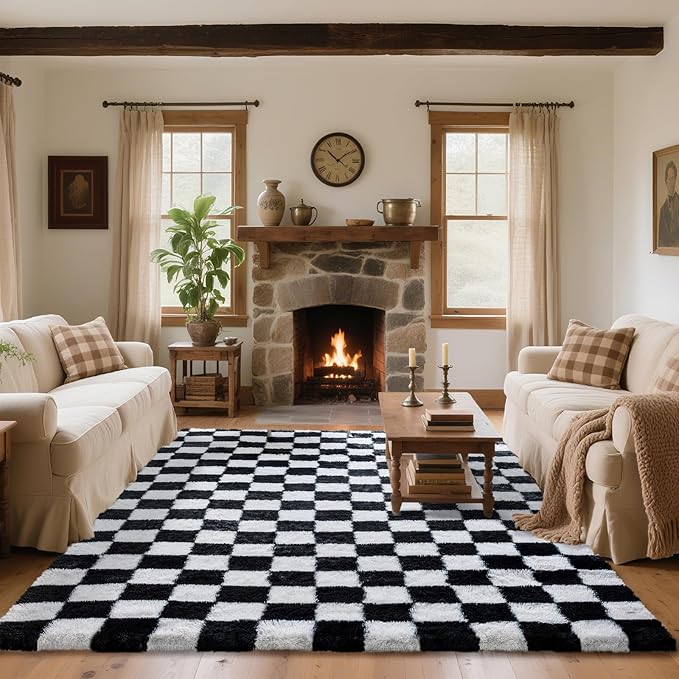 8x10 Area Rugs for Living Room Bedroom, Soft Fluffy Shaggy Bedside Rug, Indoor Floor Carpet for Kids Playroom, Dorms, Nursery Rooms, Home Decor (Black & White 8'x10')
