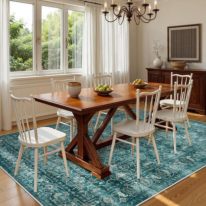 Lahome Vintage 8x10 Washable Blue Rugs for Living Room Bedroom, Boho Dining Room Rugs for Under Table, Soft Non Slip Indoor Throw Carpet for Home Office Playroom (8x10ft,Blue)