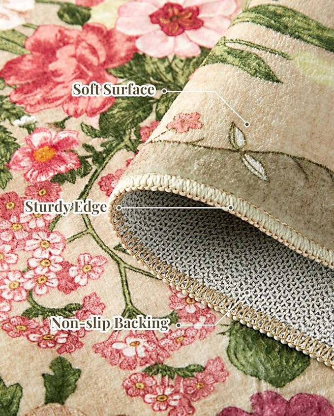 Floral Rug for Living Room - 4x6 Washable Area Rugs Non-Slip Soft Low-Pile Stain Resistant Carpet Flower Vintage Indoor Rug for Bedroom Dining Room Office Nursery Room, Brown