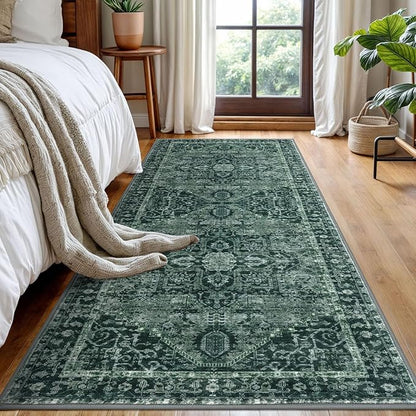 KOZYFLY Boho Runner Rug 3x8 Ft Washable Hallway Rug Faux Wool Printed Long Floor Carpet for Entryway Bedroom Kitchen Living Room Indoor Soft Durable Design, Dark Green