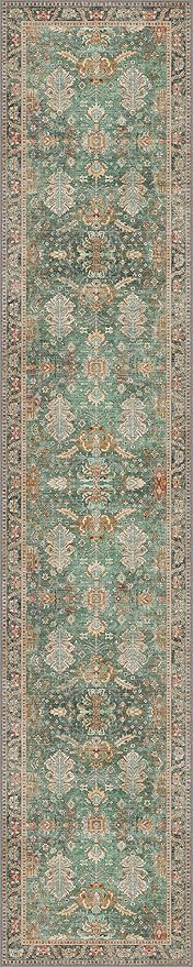 Bavni Runner Rug, Machine Washable Rugs for Bedroom 2x10, Non Slip Boho Rugs with Rubber Backing, Ultra-Thin Folable Rug Runner for Hallways Bathroom, Sage/Gold