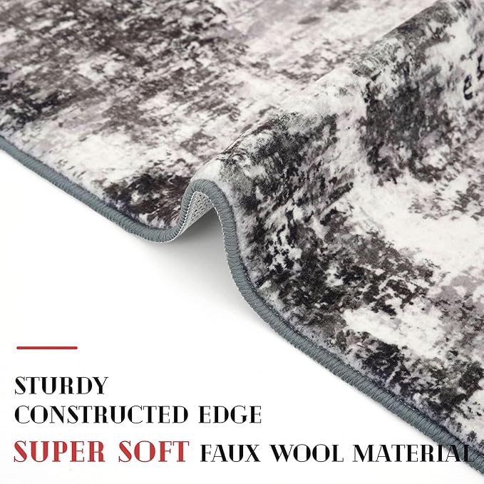 Modern Abstract Entryway Rug Indoor 2x3 Washable Non-Slip Soft Black Grey Small Area Rug Kitchen Mat Thin Print Faux Wool Floor Carpet for Entrance Bedroom Office