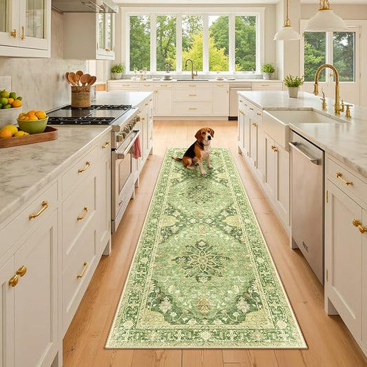 Area Rugs 2'6''x8' Washable Non-Slip, Floral Vintage Distress Print Pattern Medallion Carpet for Living Room Bedroom Dining Room, Sage Green Yellow
