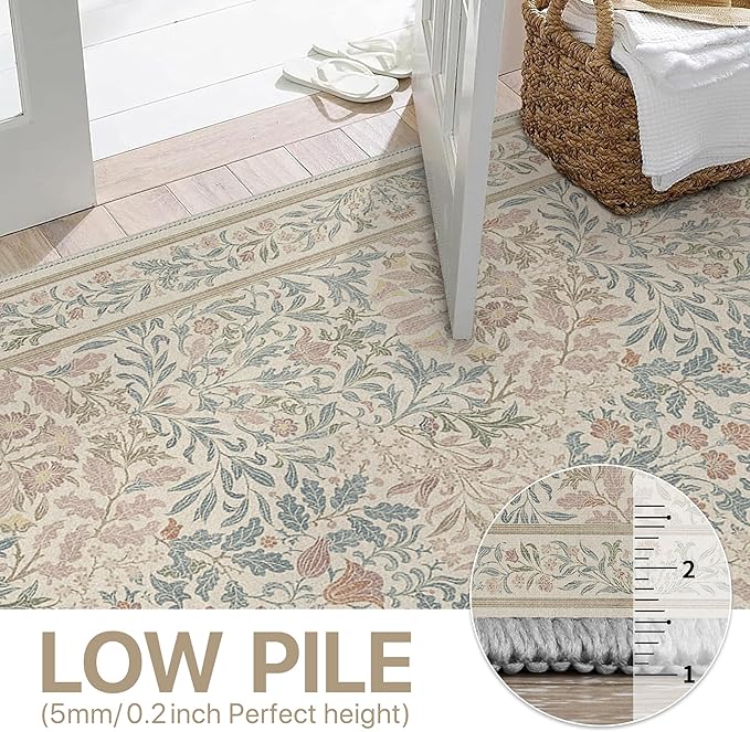 Bavni Floral Beige Pink Area Rugs 5x7, Vintage Boho Carpet Machine Washable, Non Slip Soft Low Pile Thin Rug for Bedroom, Living Room, Dining Room, Nursery
