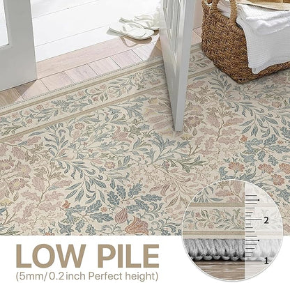 Bavni Floral Beige Pink Area Rugs 5x7, Vintage Boho Carpet Machine Washable, Non Slip Soft Low Pile Thin Rug for Bedroom, Living Room, Dining Room, Nursery