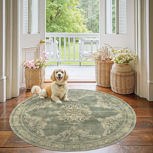 jinchan Round Rug 5ft Area Rugs Vintage Floral Distressed Design,Machine Washable Soft Non-Slip Low-Pile Ultra-Thin Circle Rug for Entryway Living Room Dining Room Bedroom (5' Round,Dark Green)