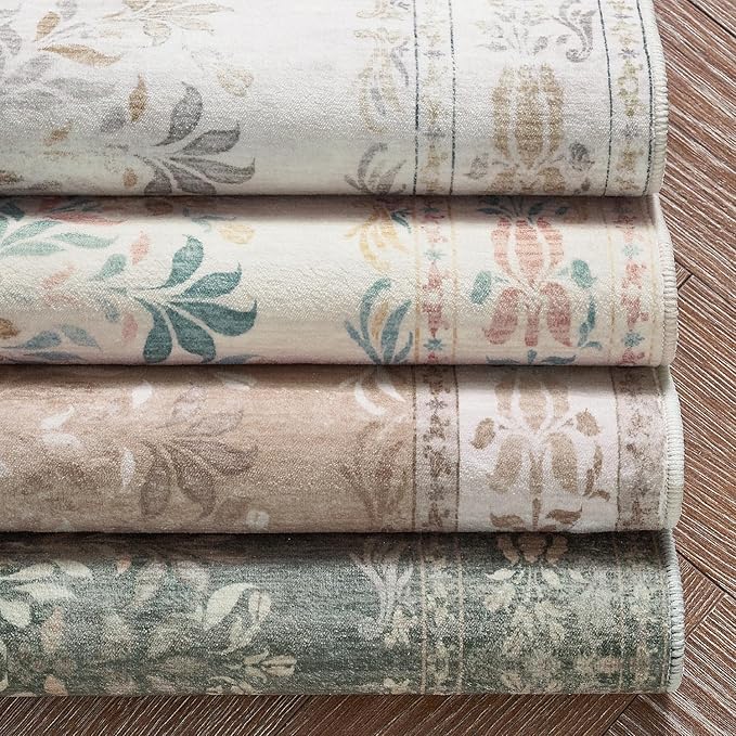 jinchan Hallway Runner Rug 2x10 Vintage Floral Distressed Design - Machine Washable Non-Slip Low-Pile Soft Thin Faux Wool Kitchen Carpet for Farmhouse Bedroom Laundry Room(2x10ft, Light Grey)