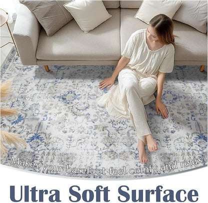 jinchan Kalen Area Rug 8x10 Washable Living Room Rug Soft Vintage Indoor Thin Retro Distressed Floor Cover Blue Floral Country Boho Rug Non Slip Carpet for Bedroom Office Dining Room