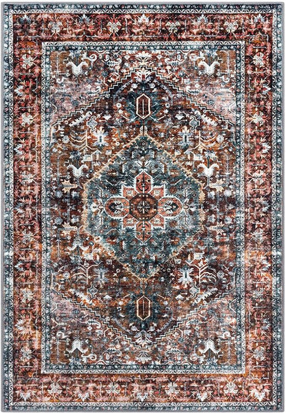 KOZYFLY Boho Area Rug 9x12 Ft Thin Rugs for Living Room Washable Bedroom Rug Non Slip Rugs Printed Faux Wool Vintage Bedroom Rug Floor Carpet for Dining Room Living Room, Brick Red/Orange/Green