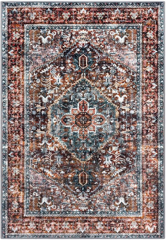 KOZYFLY Small Area Rug 2x3 Ft Rugs for Entryway Washable Boho Entry Rug Non Slip Door Mat Indoor Entrance Faux Wool Vintage Printed Kitchen Rug Throw Rugs for Entrance Kitchen, Brick Red/Orange/Green