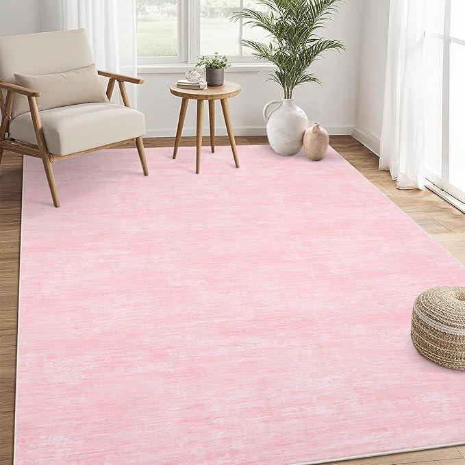 Living Room Area Rug 9x12 Machine Washable Rug Non-Slip Stain Resistant Modern Abstract Bedroom Rug Contemporary Throw Floor Carpet for Dining Room Solid Area Rug for Home Office, Pink