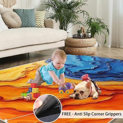 Navy Blue Rugs for Bedroom - 6x9 Area Rug - Abstract Blue Orange Rugs for Living Room, Modern Simple Art Rug, Washable Home Decor Carpet