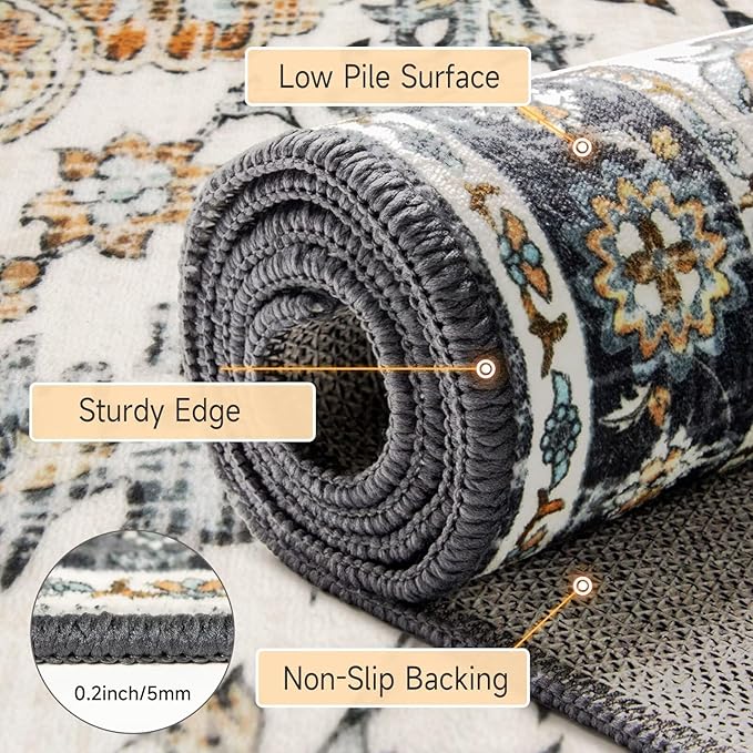 Boho Mandala Pattern 2.6x8ft Runner Rug Non Slip Washable Kitchen Runner Rug with Rubber Backing，Low-Pile Soft Washable Runner Rugs for Hallway Entryway Kitchen Bedroom Living Room Bathroom