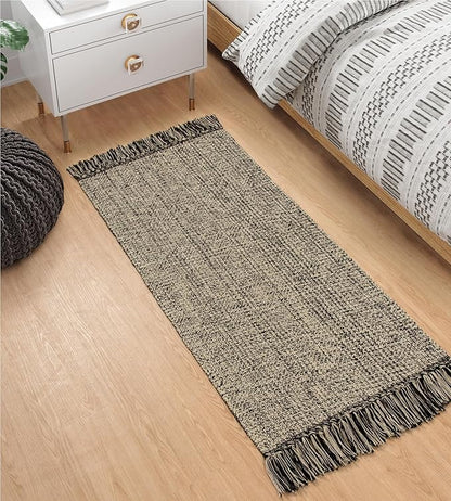 Collive Kitchen Runner Rug, 2x4.3 Hand-Woven Reversible Washable Bathroom Runner Rug for Entryway, Natural/Black Cotton Woven Boho Farmhouse Front Door Rug for Bedroom Entry Kitchen Floor Door Decor