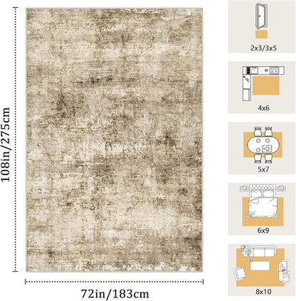 6x9 Machine Washable Area Rug for Living Room, Brown Modern Vintage Abstract Rug Large Non-Slip Low Pile Soft Faux Wool Carpet, Kids and Pets Friendly for Bedroom Dining Room Farmhouse Home Decor Rug
