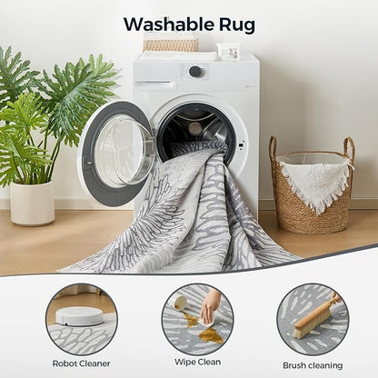 WITSHOCK 6x8 Washable Rug for Living Room,Modern Floral Distress Print Pattern Area Rugs,Stain Resistant with Non Slip Backing Carpet for Dining Room,Bedroom & Home Decor,Grey White