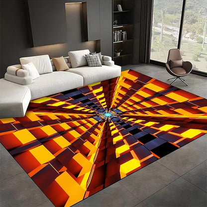 3D Abstract Grid Area Rug, 5x8ft, Visual Illusion Realistic Cave Indoor Carpets, Orange Three Dimensional Pattern Floor Mat, Easy Clean Breathable Washable Rugs for Indoor Family