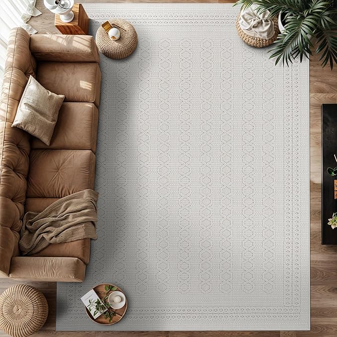 Micro Loop Indoor Rug White 10x14 Boho Geometric Neutral Area Rugs for Living Room Soft Luxury Modern Low and High Pile Durable Stain Resistant Non-Shedding Indoor Area Carpet 10 x 14