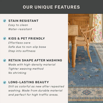 Boho 8x10 Large Area Rugs for Living Room - Eclectic Dusky Blue Rug for Bedroom Under Bed, Dining Room Under Kitchen Table, Washable Soft Non Slip Unique Colorful Indoor Décor