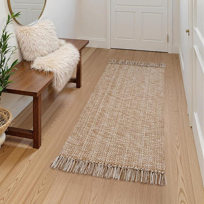 Collive Kitchen Runner Rug, 2' x 4.3' Hand-Woven Reversible Washable Rugs, Tan Cotton Modern Farmhouse Bathroom Mat Hallway Carpets for Foyer Bedroom Entry Back Door Decor