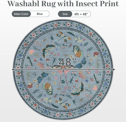 4ft Washable Round Rug - Bug Rugs for Living Room Non-Slip Low Pile Soft Ultra-Thin Machine Washable Circle Carpet for Bedroom, Entryway, Nursery, Kitchen, Home Office (4' Round Blue)