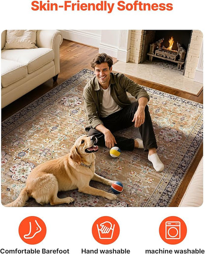VEVOR 8 x 10 Area Rug, Washable Rug Non-Slip and Tear-Resistant Soft Carpet Pet & Child Friendly, Vintage Area Rugs Indoor Mat for Bedroom Living Room Kids Room Office Brown Green