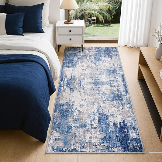 Washable Area Rugs 2'x5' Non-Slip Modern Abstract Soft for Living Room Entryway Bedroom Nursery, Print Pattern, Blue Grey Navy Gray